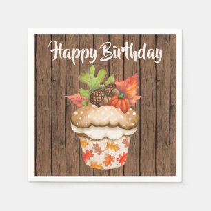 Cute Autumn Cupcake on Wood Fall Happy Birthday Napkin