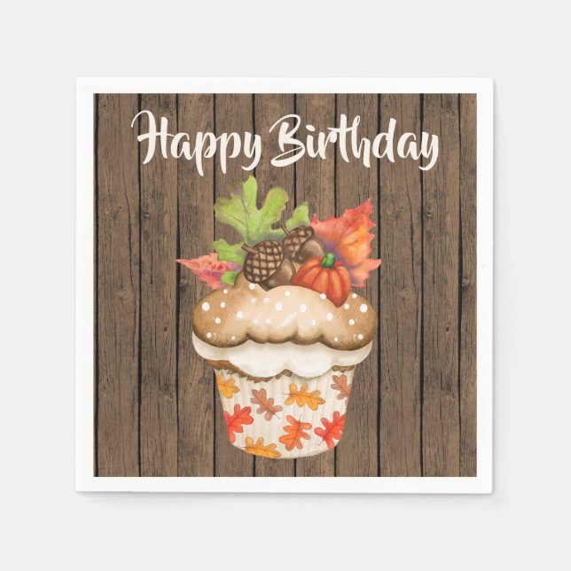 Cute Autumn Cupcake on Wood Fall Happy Birthday Napkin (Front)