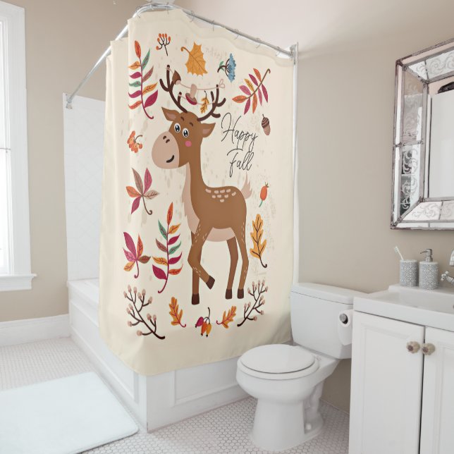 Cute autumn deer with custom text shower curtain (In Situ)