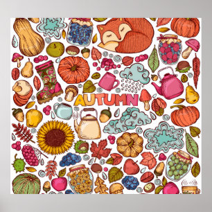 Cute Autumn Elements Hand Drawn Poster