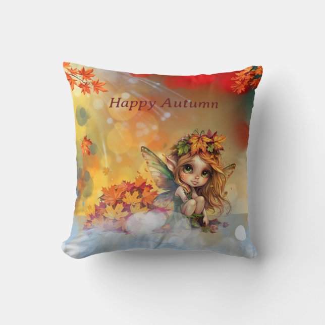 Cute Autumn Fairy with Fallen Leaves Cushion (Front)