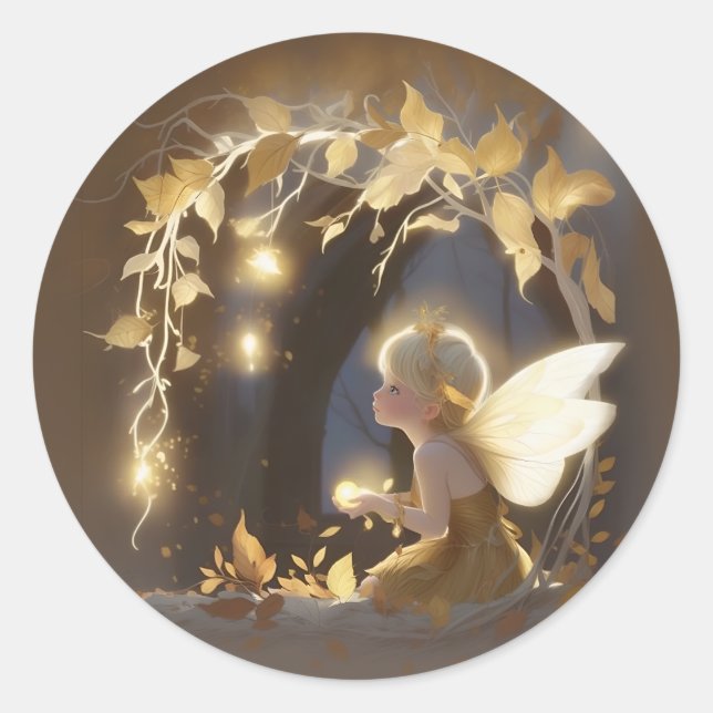 Cute Autumn Fairy with Glowing Flowers Classic Round Sticker (Front)