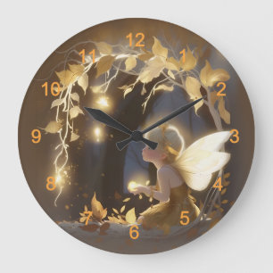 Cute Autumn Fairy with Glowing Flowers Large Clock