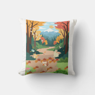 Cute Autumn Forest Animals Cozy Landscape Art Post Cushion