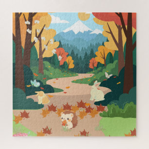 Cute Autumn Forest Animals Cozy Landscape Art Post Jigsaw Puzzle