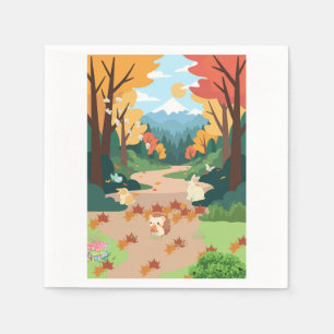 Cute Autumn Forest Animals Cozy Landscape Art Post Napkin