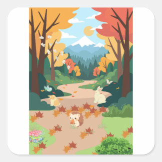 Cute Autumn Forest Animals Cozy Landscape Art Post Square Sticker