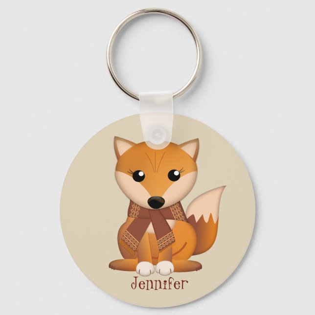 Cute autumn fox and custom name key ring (Front)