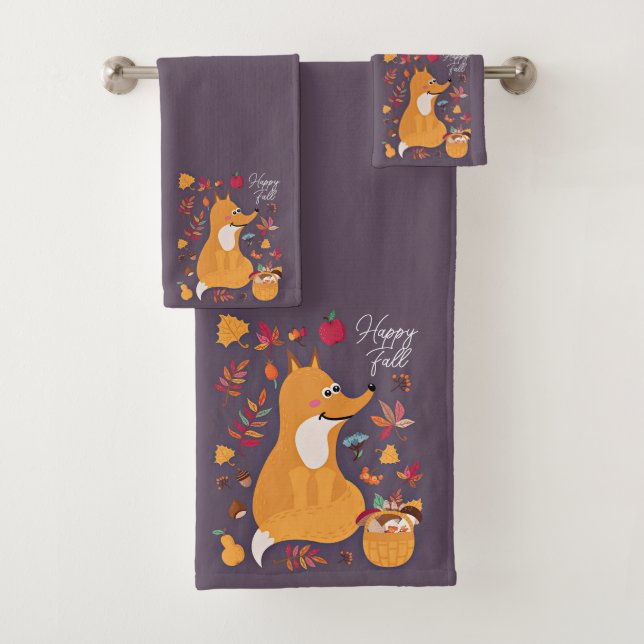 Cute autumn fox with custom text  bath towel set (Insitu)