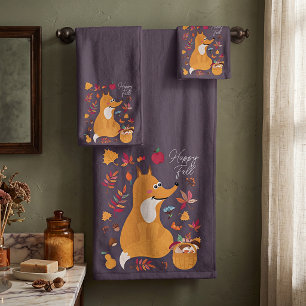 Cute autumn fox with custom text bath towel set