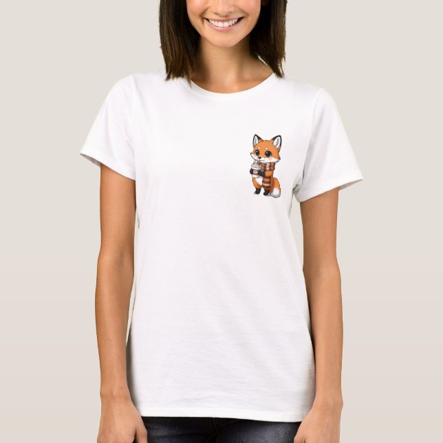 Cute Autumn Fox With Scarf Drinking Pumpkin Spice T-Shirt (Front)