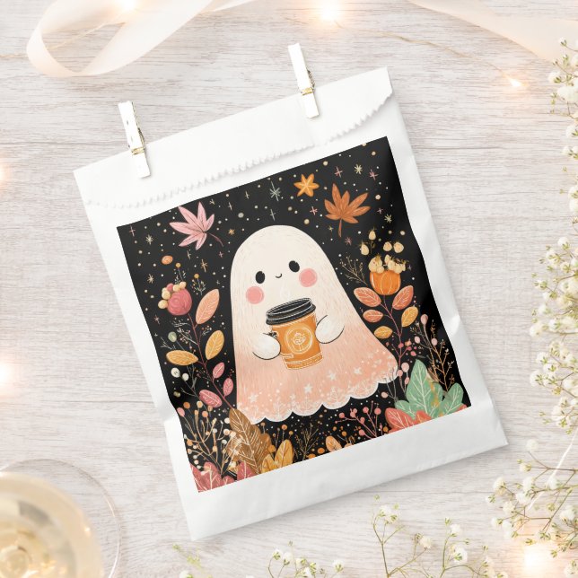 Cute Autumn Ghost with Pumpkin Coffee – Cosy Fall  Favour Bags (Clipped)