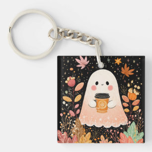 Cute Autumn Ghost with Pumpkin Coffee – Cosy Fall  Key Ring