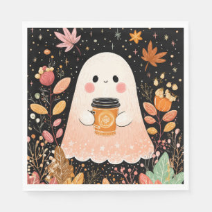 Cute Autumn Ghost with Pumpkin Coffee – Cosy Fall  Napkin