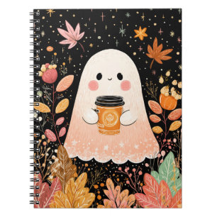 Cute Autumn Ghost with Pumpkin Coffee – Cosy Fall  Notebook