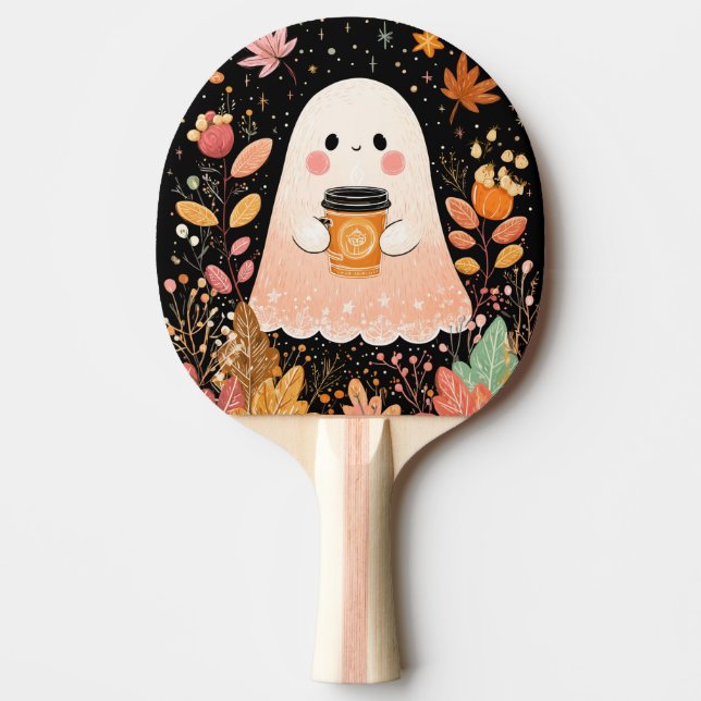 Cute Autumn Ghost with Pumpkin Coffee – Cosy Fall  Ping Pong Paddle (Front)