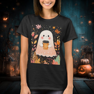 Cute Autumn Ghost with Pumpkin Coffee – Cosy Fall  T-Shirt