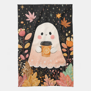 Cute Autumn Ghost with Pumpkin Coffee – Cosy Fall Tea Towel