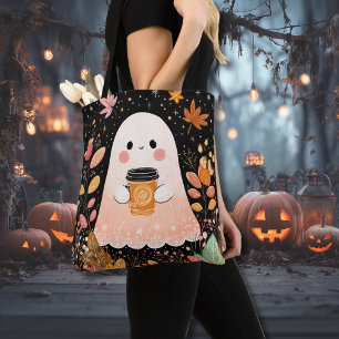 Cute Autumn Ghost with Pumpkin Coffee – Cosy Fall Tote Bag
