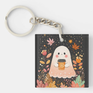 Cute Autumn Ghost with Pumpkin Coffee – Cozy Fall Key Ring