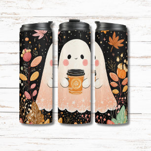 Cute Autumn Ghost with Pumpkin Coffee – Cozy Fall  Thermal Tumbler