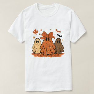 Cute Autumn Ghosts Pumpkin Pattern Orange Bow Fall T-Shirt