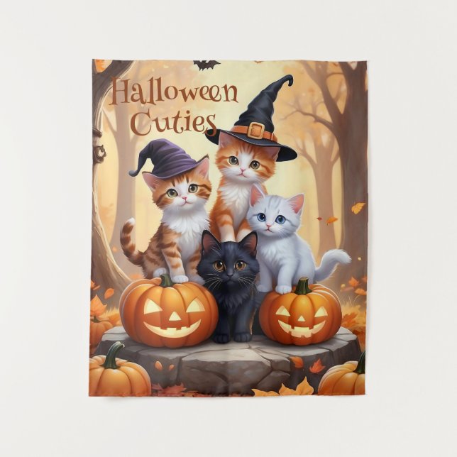 Cute Autumn Halloween Kittens in Costumes Pumpkins Tapestry (Front)