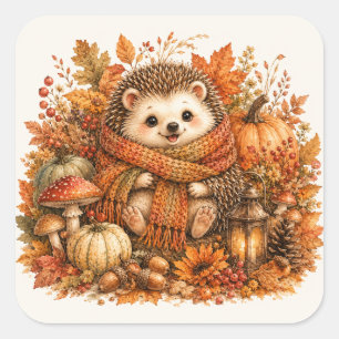 Cute Autumn Hedgehog Watercolor Pumpkin Woodland Square Sticker