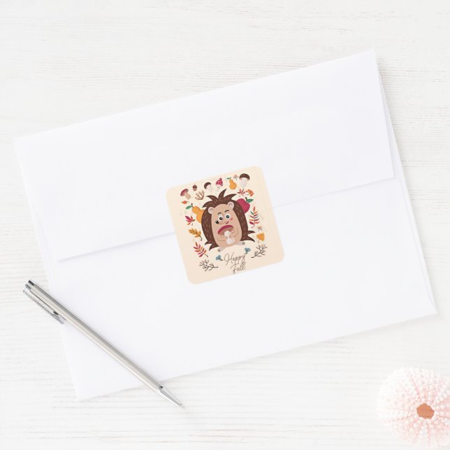 Cute autumn hedgehog with custom text  square sticker (Envelope)