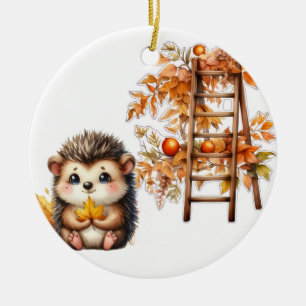 Cute Autumn Hedgehog with Harvest Ladder Illustrat Ceramic Tree Decoration