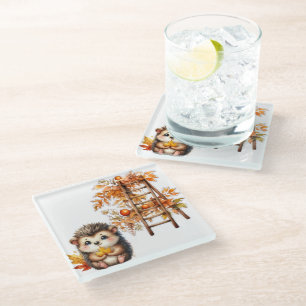 Cute Autumn Hedgehog with Harvest Ladder Illustrat Glass Coaster