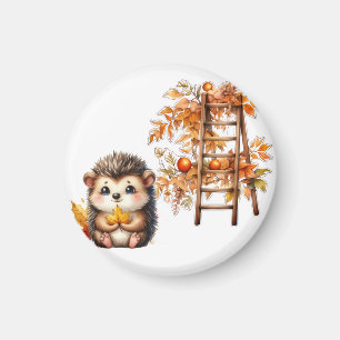 Cute Autumn Hedgehog with Harvest Ladder Illustrat Magnet