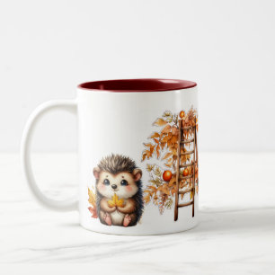 Cute Autumn Hedgehog with Harvest Ladder Illustrat Two-Tone Coffee Mug