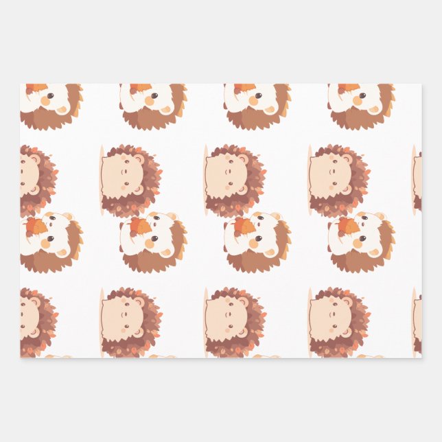 Cute Autumn Hedgehogs – Kawaii Fall Forest Animals Wrapping Paper Sheet (Front)