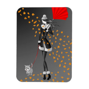 Cute Autumn Leave Winter Dog Walk Magnet