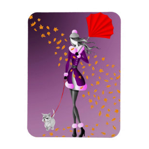 Cute Autumn Leave Winter Dog Walk Magnet