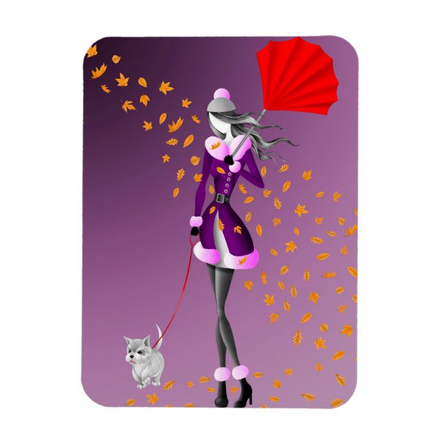 Cute Autumn Leave Winter Dog Walk  Magnet (Vertical)