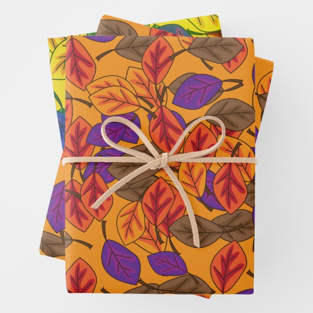 Cute Autumn Leaves Pattern Yellow Wrapping Paper Sheet (In situ)