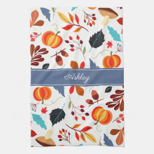 Cute Autumn Leaves Pumpkin Pattern & Your Name Tea Towel