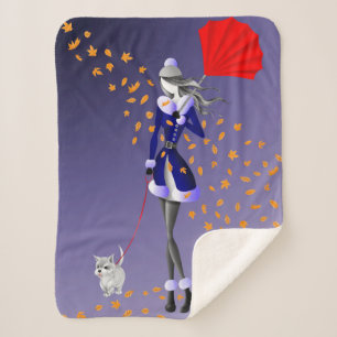 Cute Autumn Leaves Winter Dog Walk Blue Sherpa Blanket