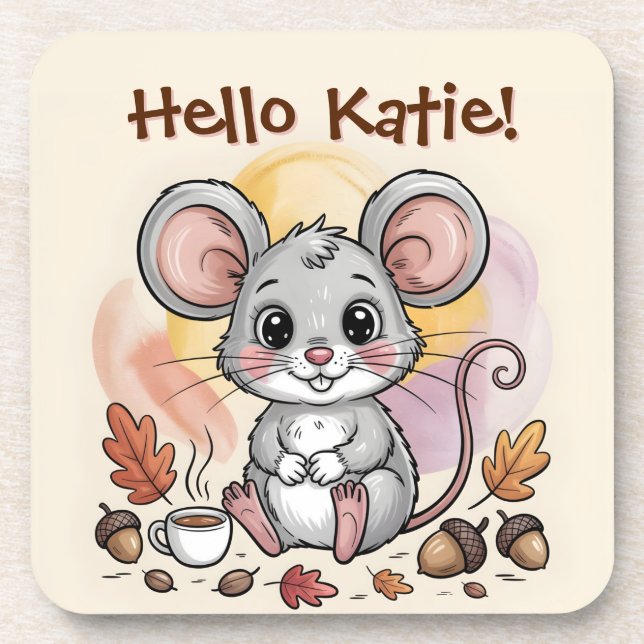 Cute Autumn Mouse with Acorns and Coffee Coaster (Front)