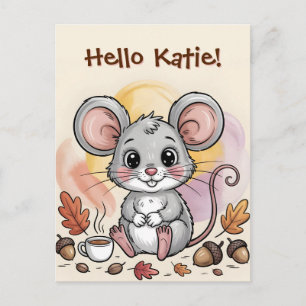 Cute Autumn Mouse with Acorns and Coffee Holiday Postcard