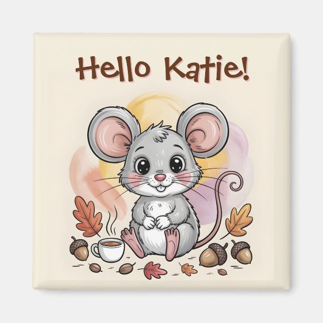 Cute Autumn Mouse with Acorns and Coffee Magnet (Front)
