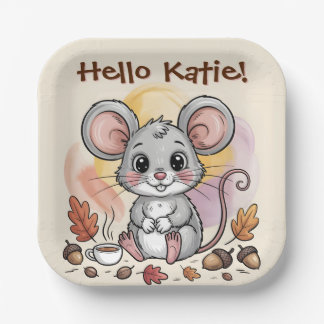 Cute Autumn Mouse with Acorns and Coffee Paper Plate
