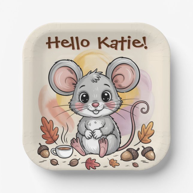 Cute Autumn Mouse with Acorns and Coffee Paper Plate (Front)
