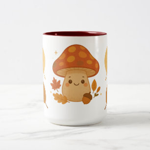 Cute Autumn Mushroom on Cosy Foliage Two-Tone Coffee Mug