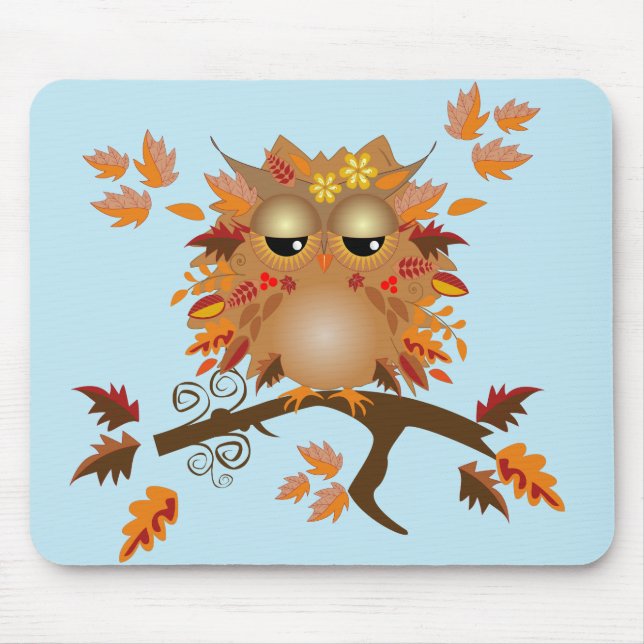 Cute Autumn owl on a branch Mouse Mat (Front)