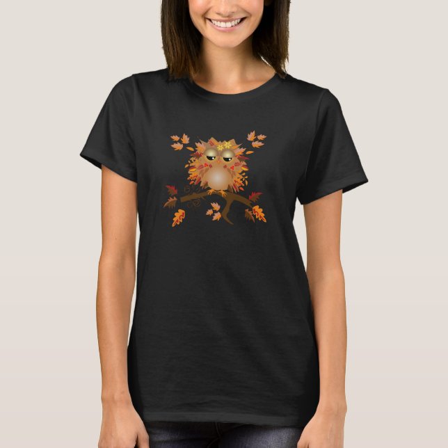 Cute Autumn owl on a branch T-Shirt (Front)