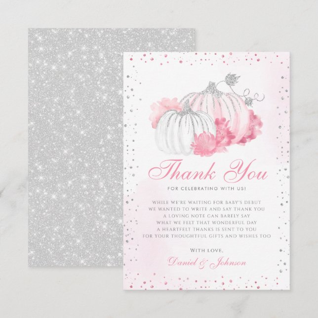 Cute Autumn Pink Pumpkin Fall Floral Baby Shower Thank You Card (Front/Back)