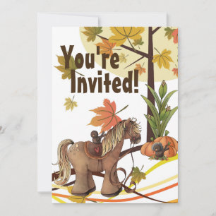 Cute Autumn Pony and Crows Fall Horse Birthday Invitation